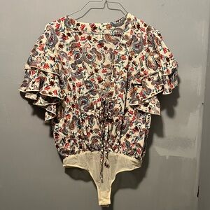 Cream Paisley Ruffle Sleeve Bodysuit with Drawstring